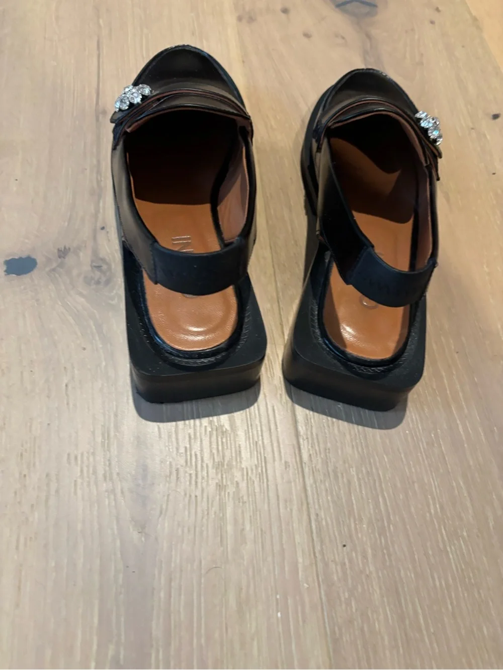 Ganni Black Leather Slingback Loafers with Crystal Brooch